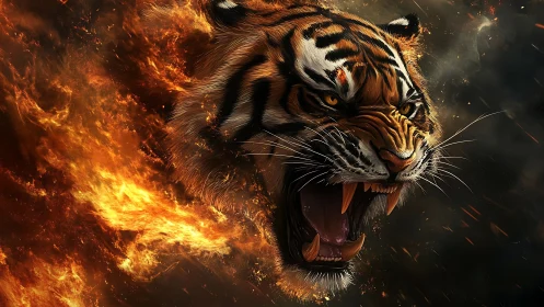 Flaming tiger head render with dynamic fire particle effects