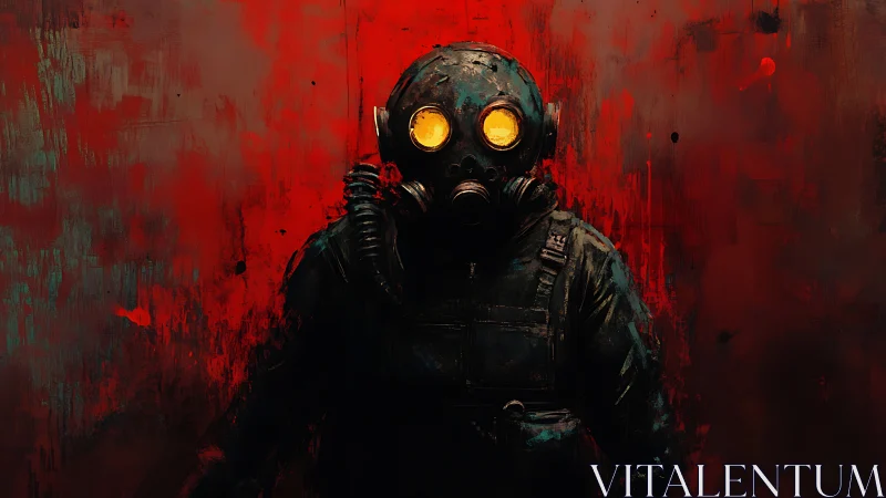 Figure in gas mask against abstract red backdrop.