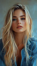 Blonde woman in denim jacket rendered in soft digital art.