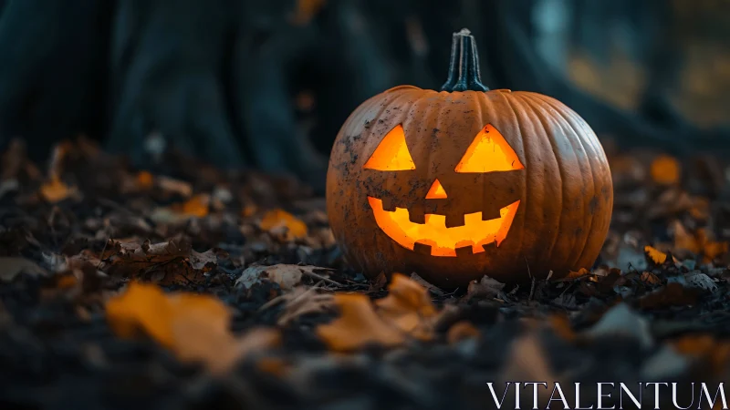 Glowing jack-o’-lantern smiles amid fallen autumn leaves.