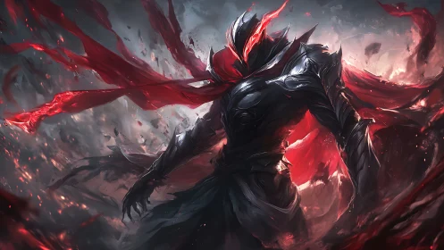 Shadow warlord in crimson-torn cloak amid embers storm.