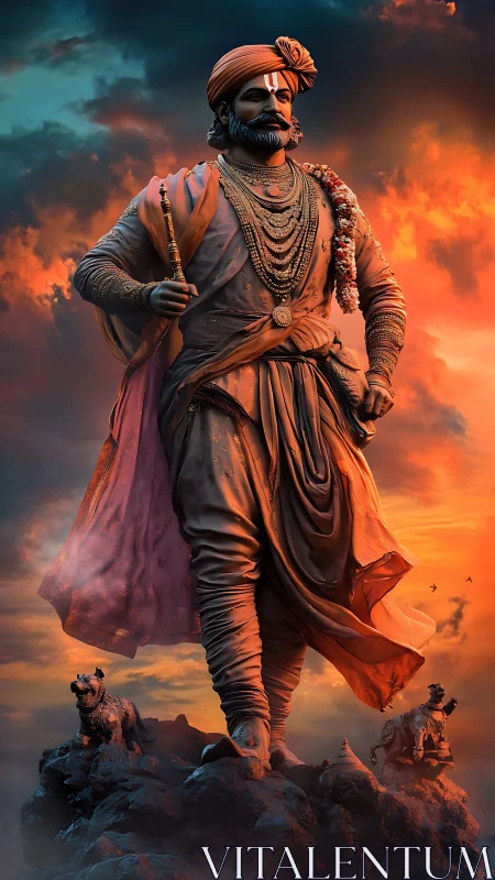 Regal warrior statue striding confidently through sunset sky.