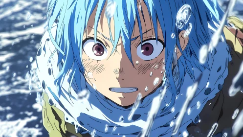 Blue haired anime hero braces against splashing icy water