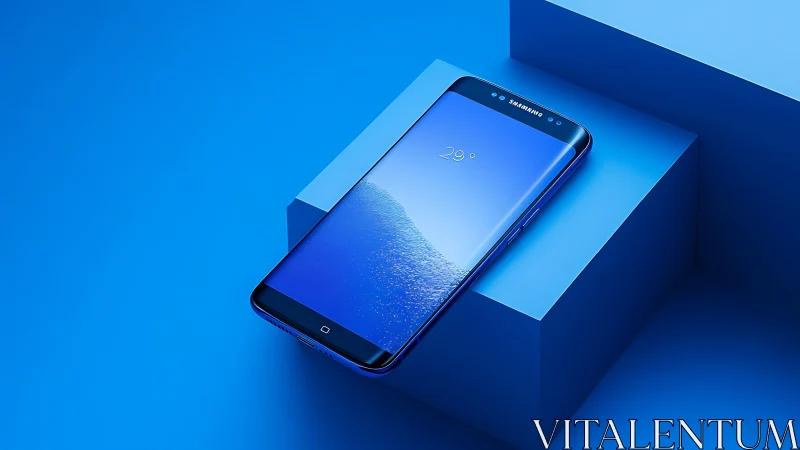 Blue smartphone on geometric block in monochrome studio.