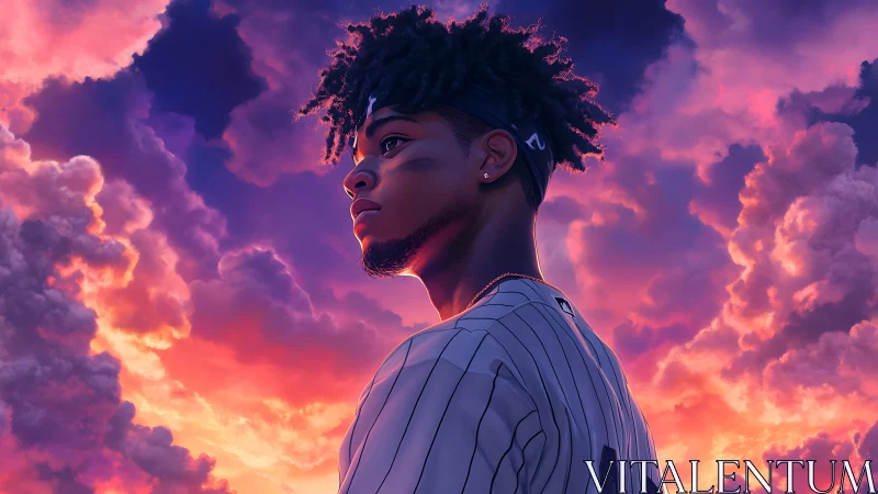 Baseball player portrait under vivid purple sunset sky.