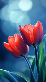 Red Tulips Backlit Against Blue Abstract Bokeh
