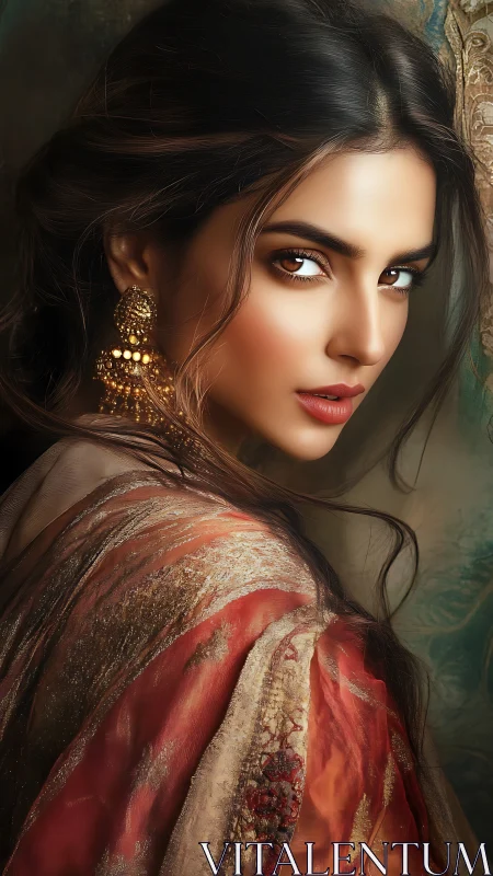 Portrait of woman in ornate sari with gold earrings.