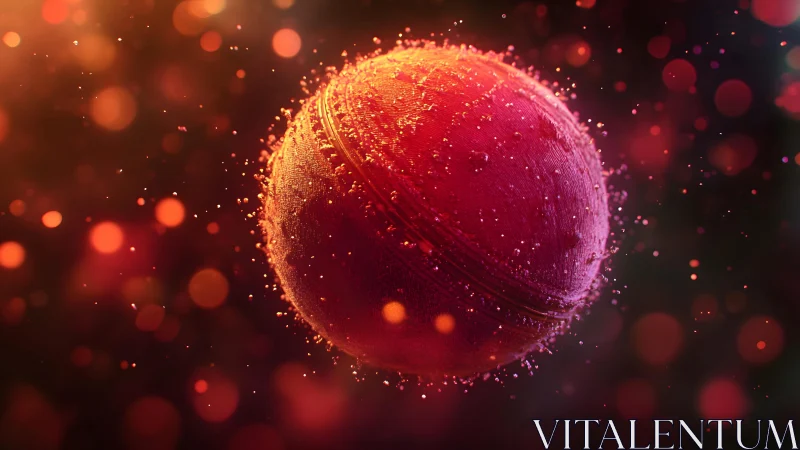 Glowing red cricket ball drifting through dreamy golden light.