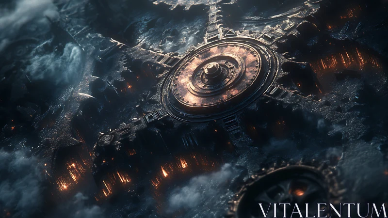 Cyberpunk infernal gearworks with radial industrial core.