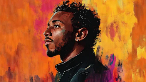 Bold portrait against blazing orange painted backdrop.