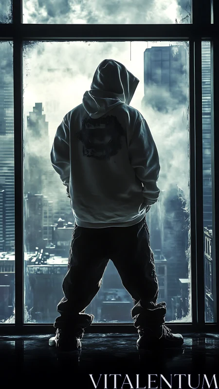 Hooded figure at high window overlooking misty cityscape.