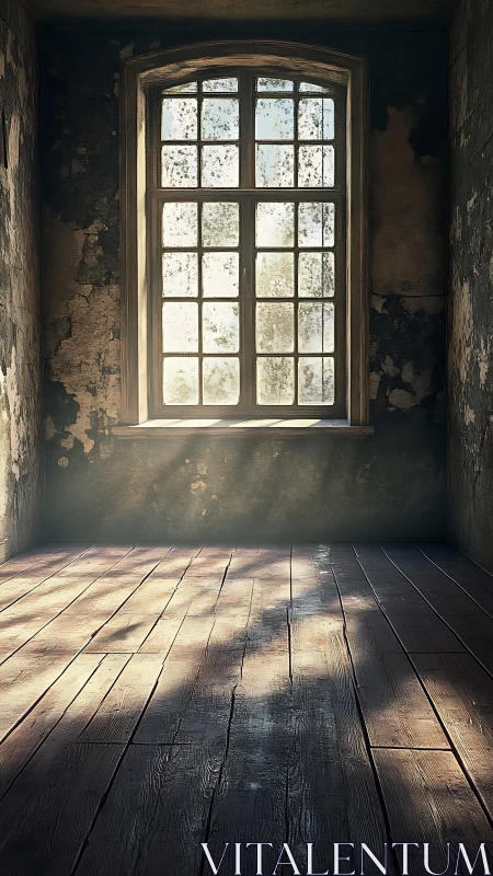 Sunlit abandoned room reveals textured decay and shadow play