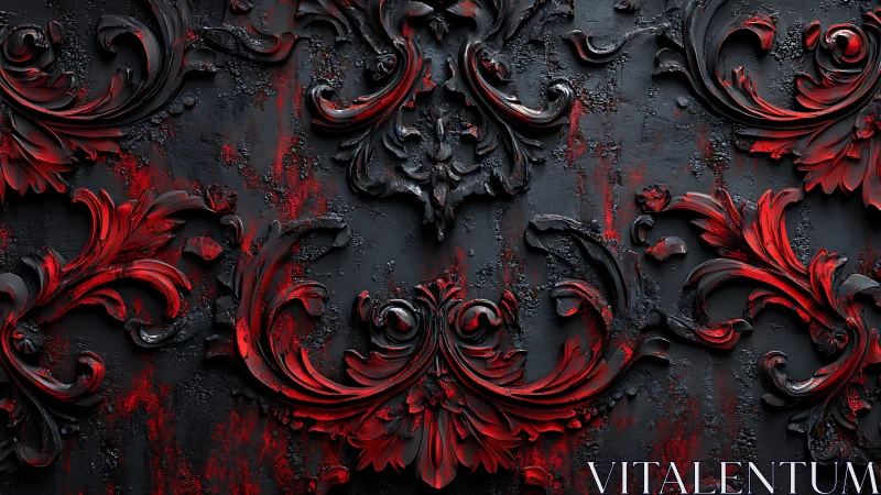 Digital relief pattern shows red and black ornamental scrollwork