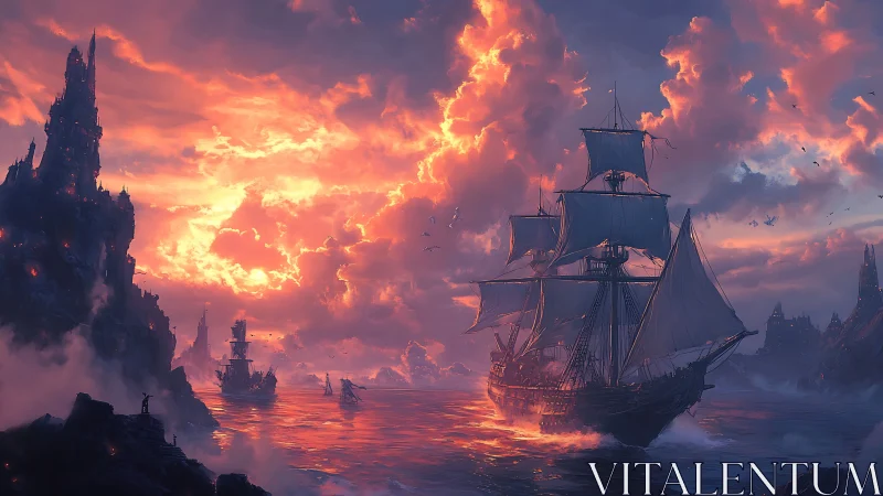 Sunset sails and stormlit cliffs in a glowing fantasy seascape.