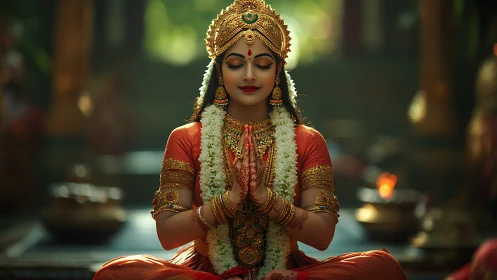 Woman in traditional attire seated in meditative posture.