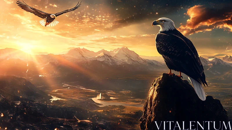 Majestic Bald Eagle at Sunset Over Mountain Landscape, Digital Art.