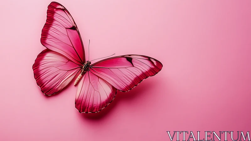 Pink butterfly spreads translucent wings on monochrome field.
