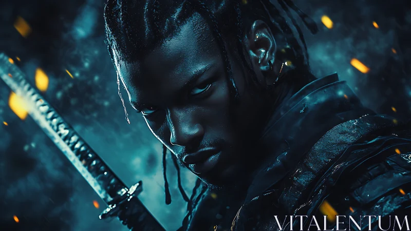 Brooding cyber samurai in stormlit embers and electric dusk.