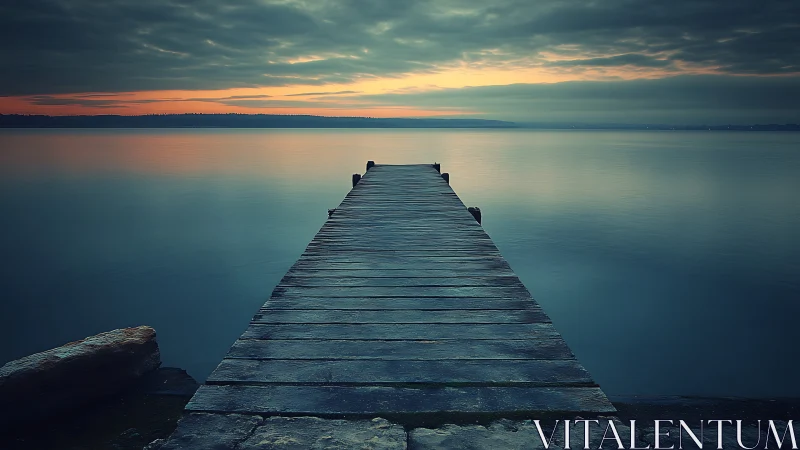 Wooden pier extends into still lake under moody dawn sky.