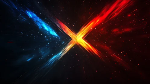 Glowing cosmic X where fiery red energy meets cool blue light.