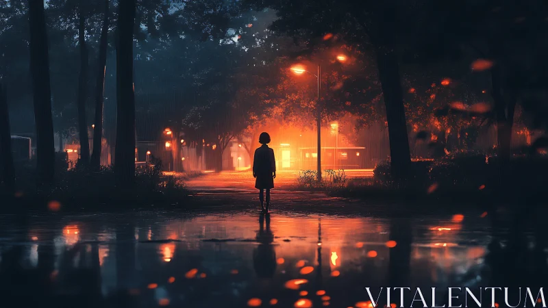 Soft rain washes a quiet street where warm lights beckon home