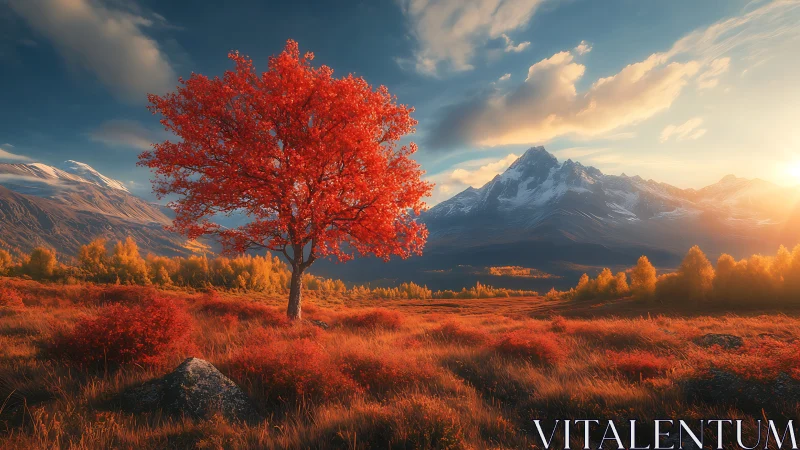 Scarlet lone tree converses with mountains in molten sunset hush