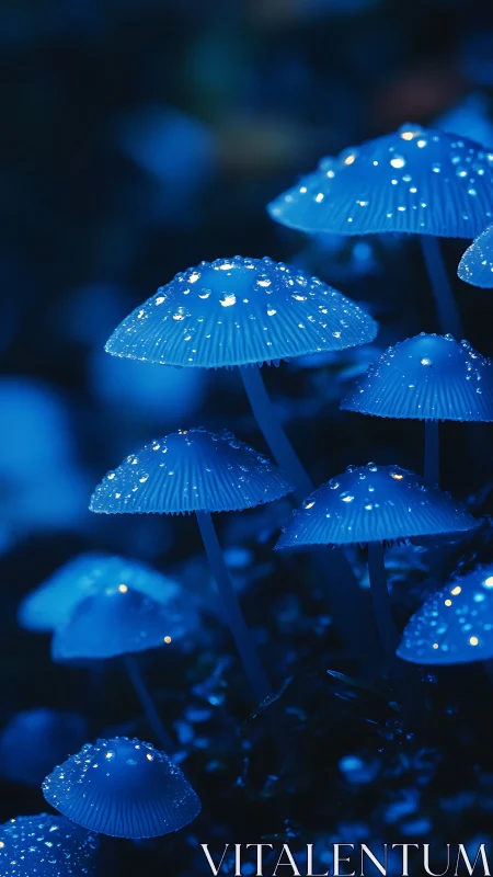 Moonlit blue mushrooms shimmer softly with dewy magic