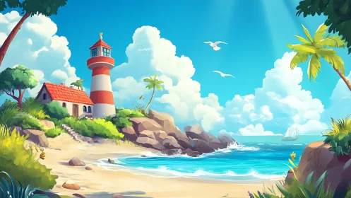 Coastal Lighthouse Rendered with Digital Painting: Tropical Seascape Composition