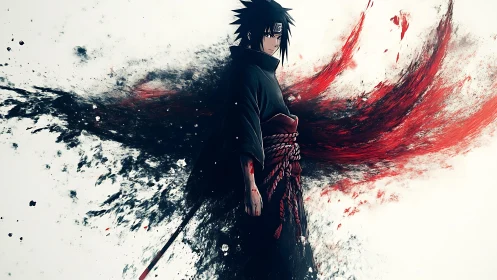 Dark anime swordsman framed by explosive ink and blood arcs