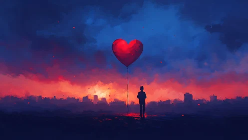 Silhouette Holding Heart Balloon at Sunset.