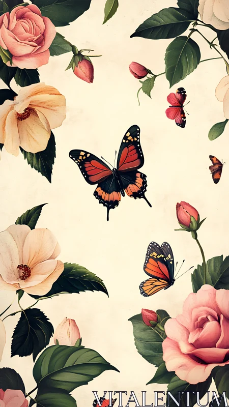 Monarch butterflies drifting amid vintage garden blooms.