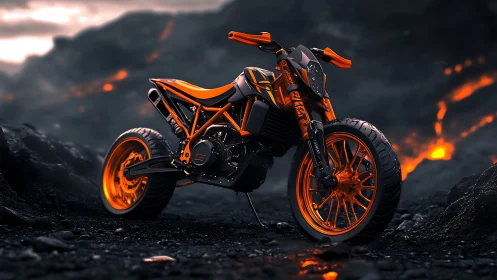 Fiery orange motorcycle glowing against a dramatic lava field.