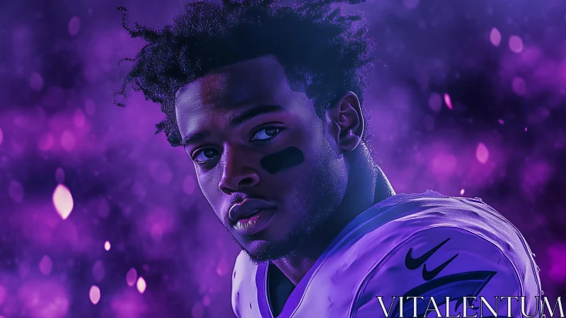 Vivid portrait of football player in ethereal purple glow.
