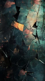 Fractured teal surface shows angular cracks and rust tones