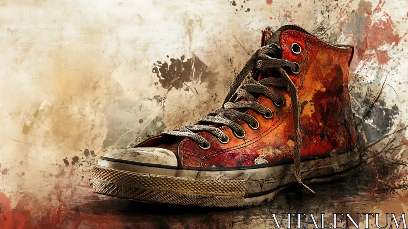 Weathered red sneaker rendered in gritty digital painting style