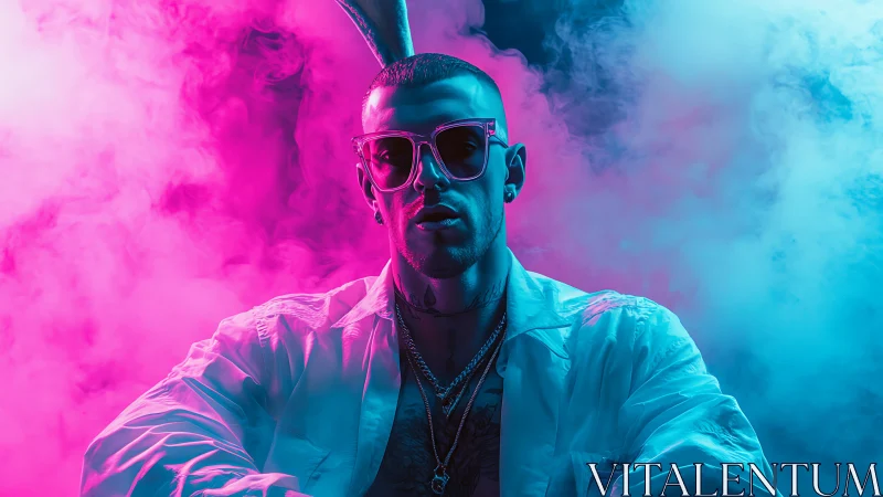 Bicolor neon portrait with volumetric haze and rim lighting.