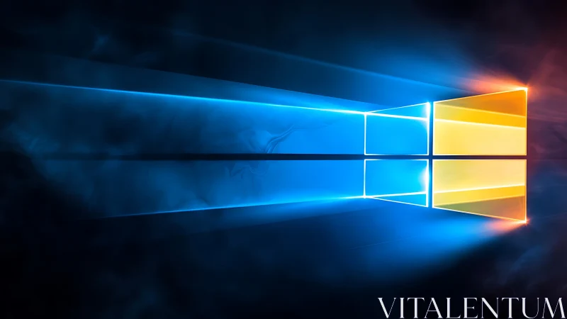 Neon window logo glows through blue and amber light beams.