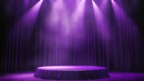 Circular purple stage with theatrical spotlight rig and curtains