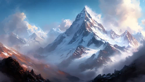 Snowcapped alpine massif under stratified cloud inversion light