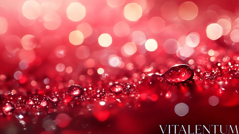 Red macro water droplets with bright bokeh background.