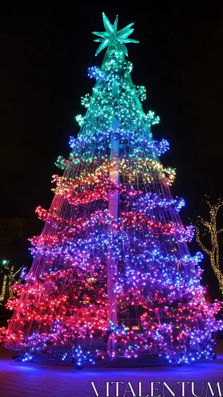 Multicolored LED holiday tree installation at night.