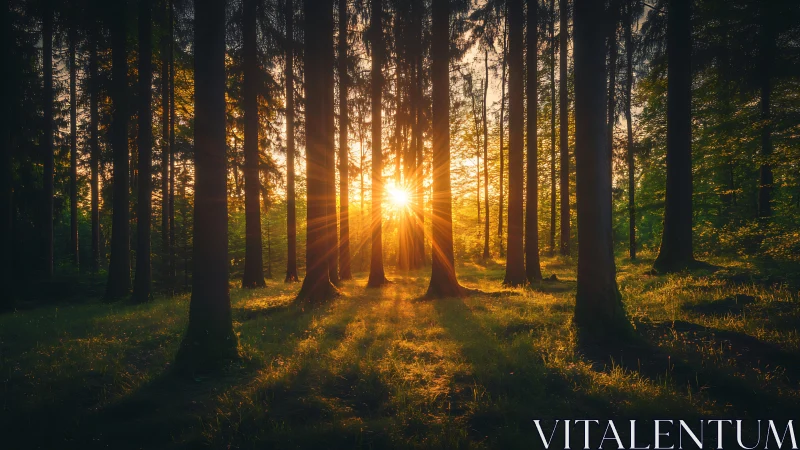 Golden sunrise in tranquil forest with tall trees and soft light.