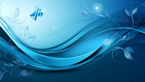 Abstract blue wave background with subtle floral lines.