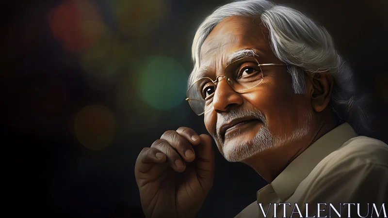 Gentle elder gazing upward with quiet, thoughtful warmth.