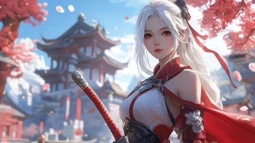 Female swordsman stands before stylized temple complex landscape