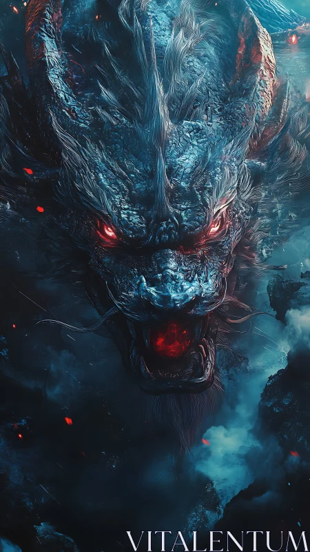 Ferocious blue dragon head with glowing red eyes emerges.