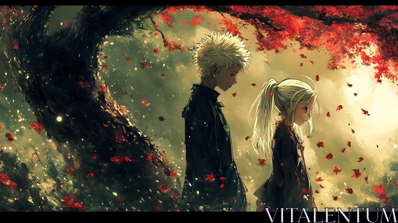 Autumn anime couple under glowing maple canopy at dusk.