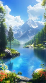 Mountain lake landscape with clear water and distant peaks.