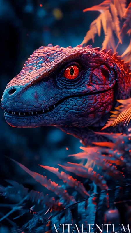 Bioluminescent raptor portrait in neon jungle dusk.