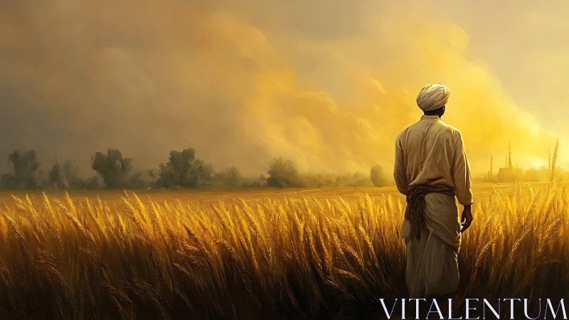 Figure in turban standing in sunlit wheat field at dusk.